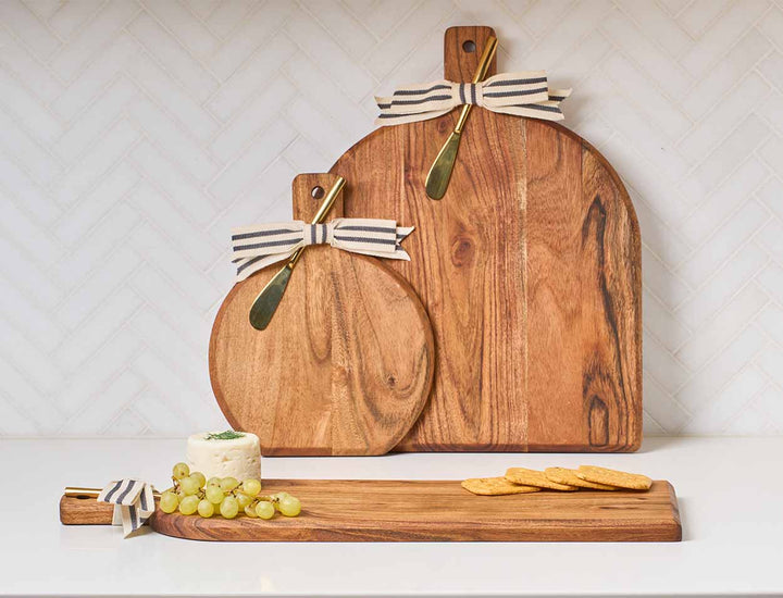 Acacia Bevel Board with Handle | Personalized | 15 x 12" w/ gold ribbon and gray/white spreader