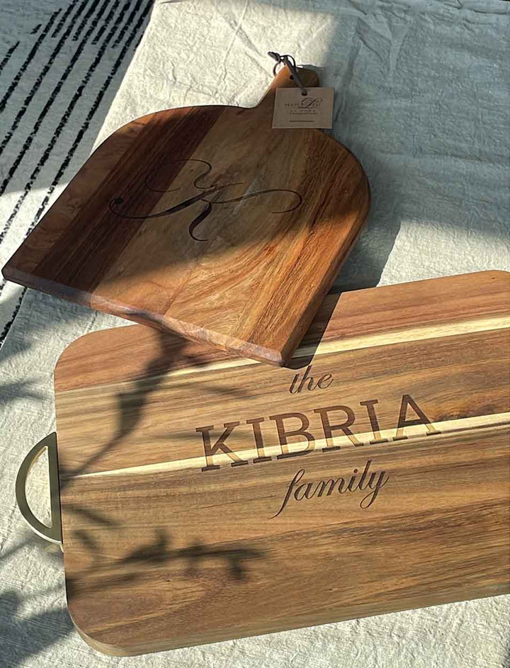 Acacia Bevel Board with Handle | Personalized | 15 x 12" w/ gold ribbon and gray/white spreader