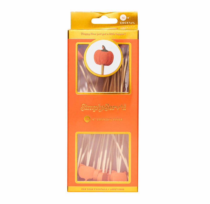 6 Inch Wood Pumpkin Cocktail Pick/30pk - Gift Box