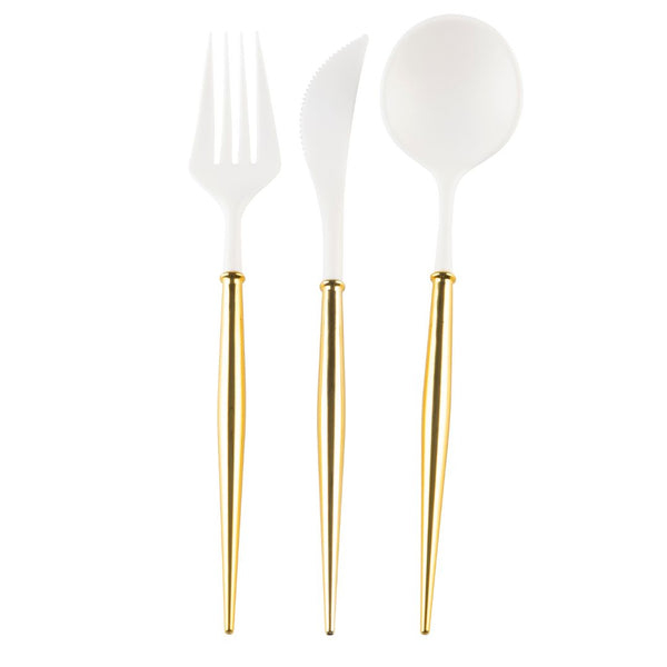 Gold & White Plastic Cutlery Set for 8